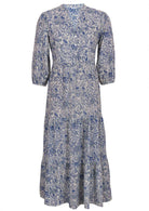 White based blue floral print long cotton dress on a white background.