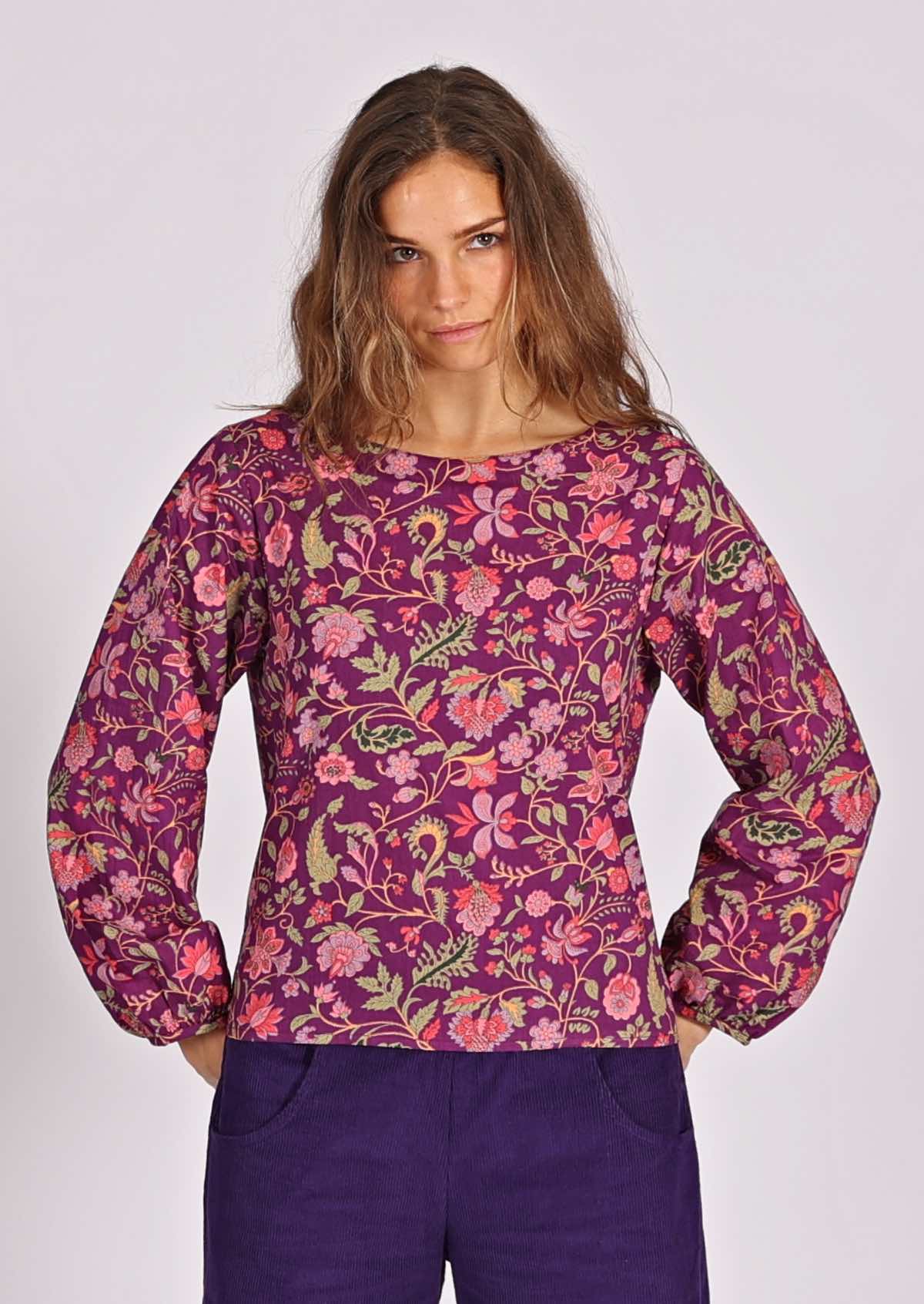 Long sleeve cotton top in sweet purple and pink floral print