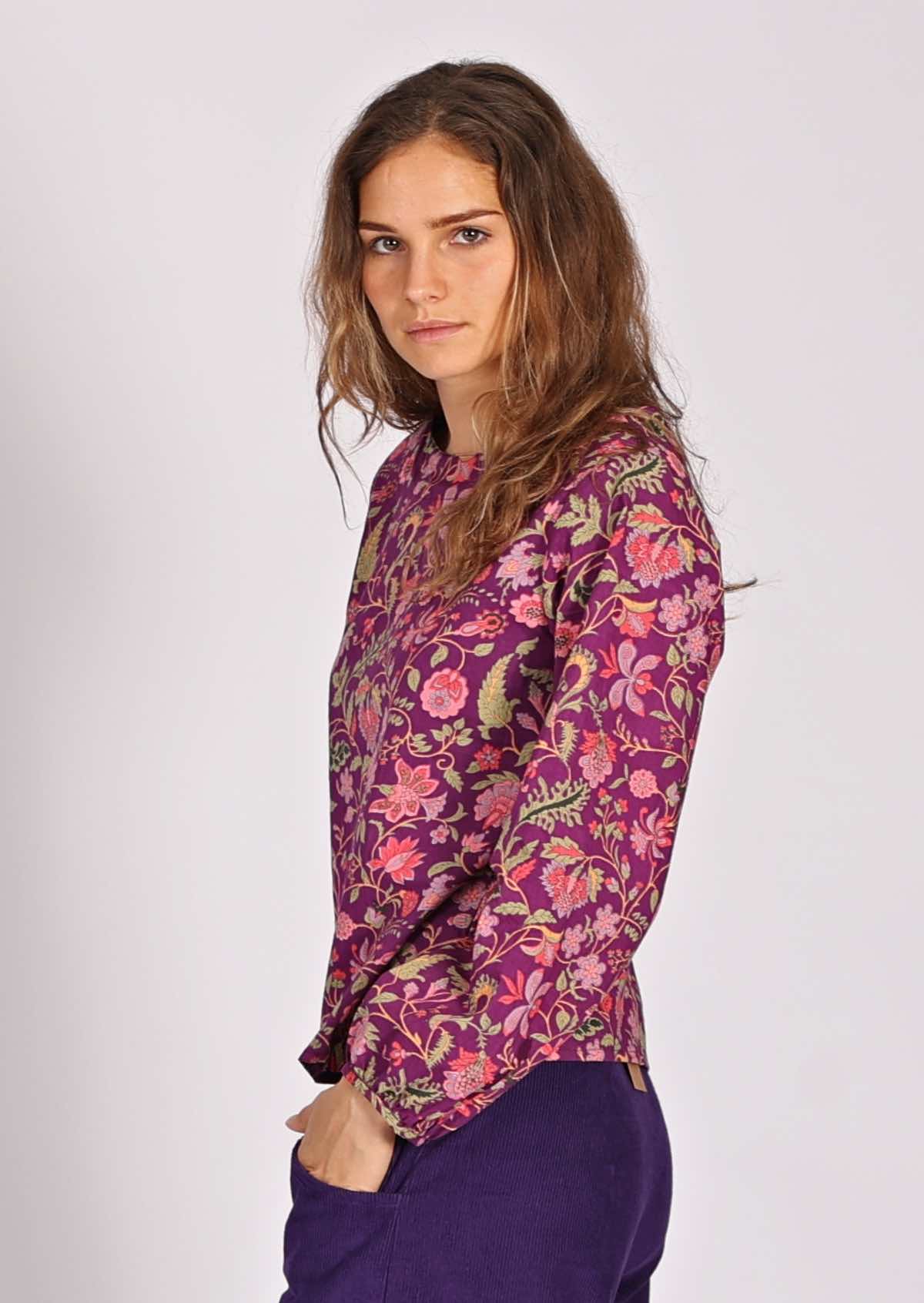 Long sleeve cotton top in sweet pink and purple floral print