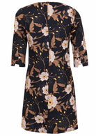 Black based floral print cotton knee length dress with 3/4 sleeves with detailed cuff and pockets