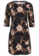 Black based floral print cotton knee length dress with 3/4 sleeves, round neckline and pockets