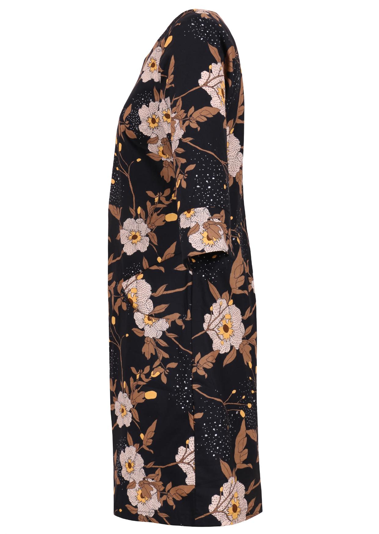Black based floral print cotton knee length dress with 3/4 sleeves and pockets