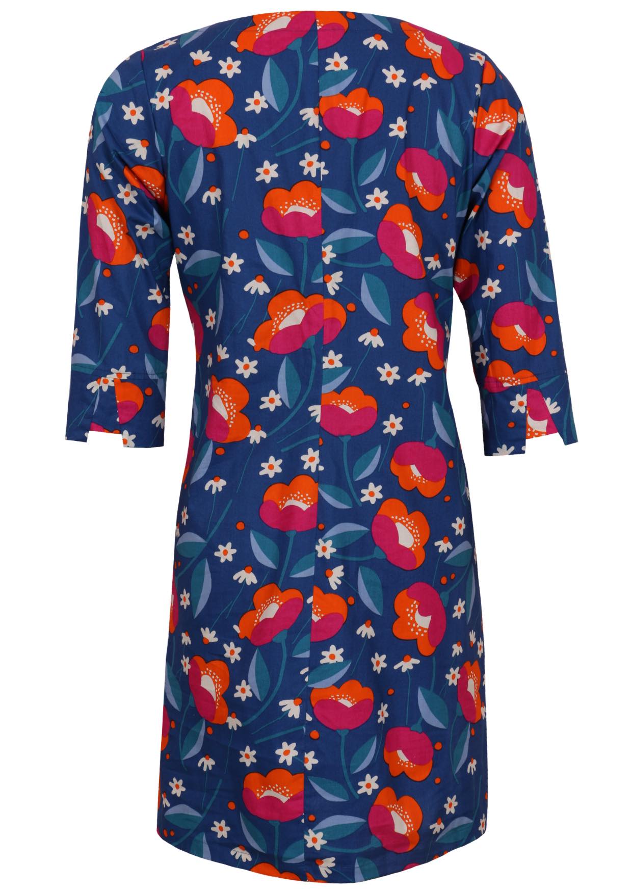 Navy based floral print cotton knee length dress with 3/4 sleeves with detailed cuff and pockets