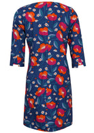 Navy based floral print cotton knee length dress with 3/4 sleeves with detailed cuff and pockets