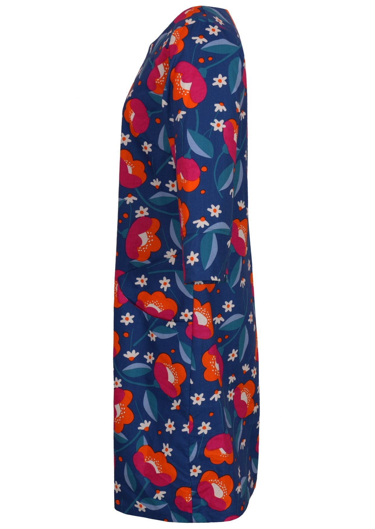 Navy based floral print cotton knee length dress with 3/4 sleeves and pockets