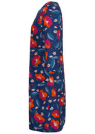Navy based floral print cotton knee length dress with 3/4 sleeves and pockets