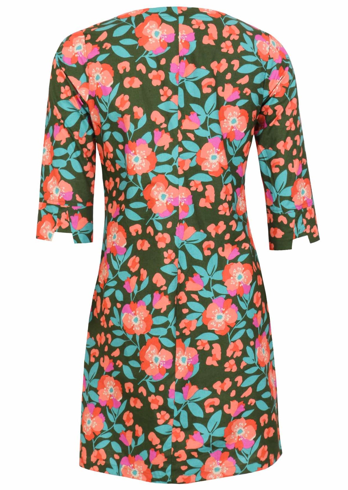 Olive green based floral print cotton knee length dress with 3/4 sleeves with detailed cuff and pockets