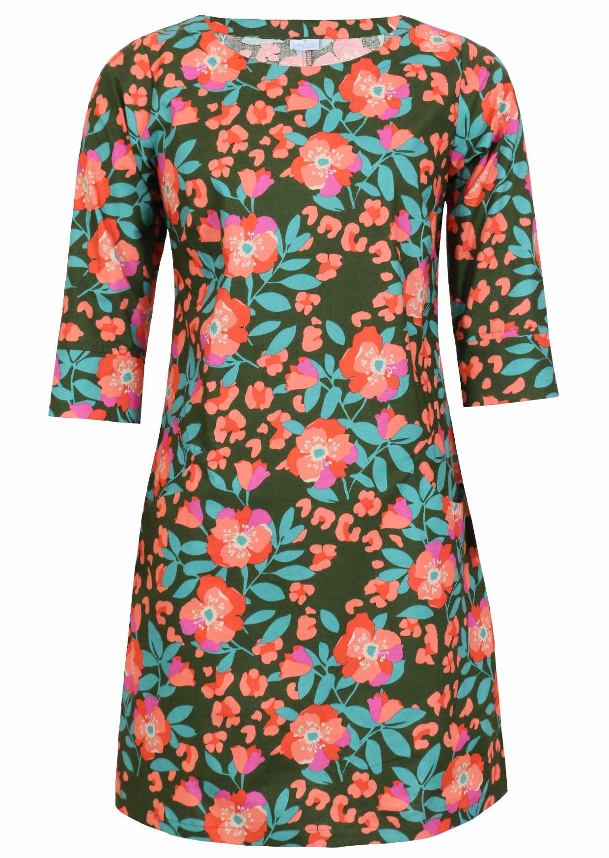 Olive green based floral print cotton knee length dress with 3/4 sleeves, round neckline and pockets
