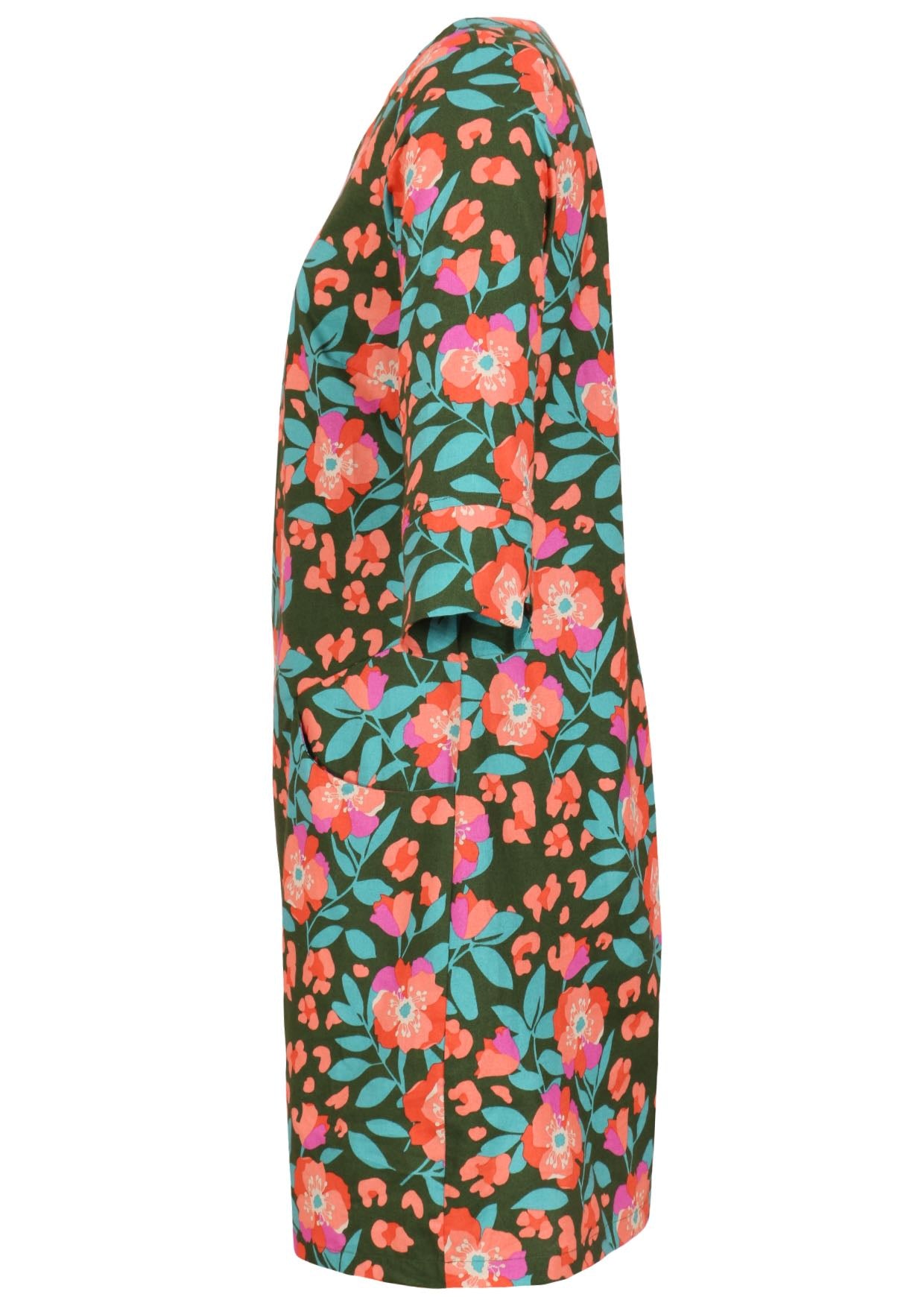 Olive green based floral print cotton knee length dress with 3/4 sleeves and pockets