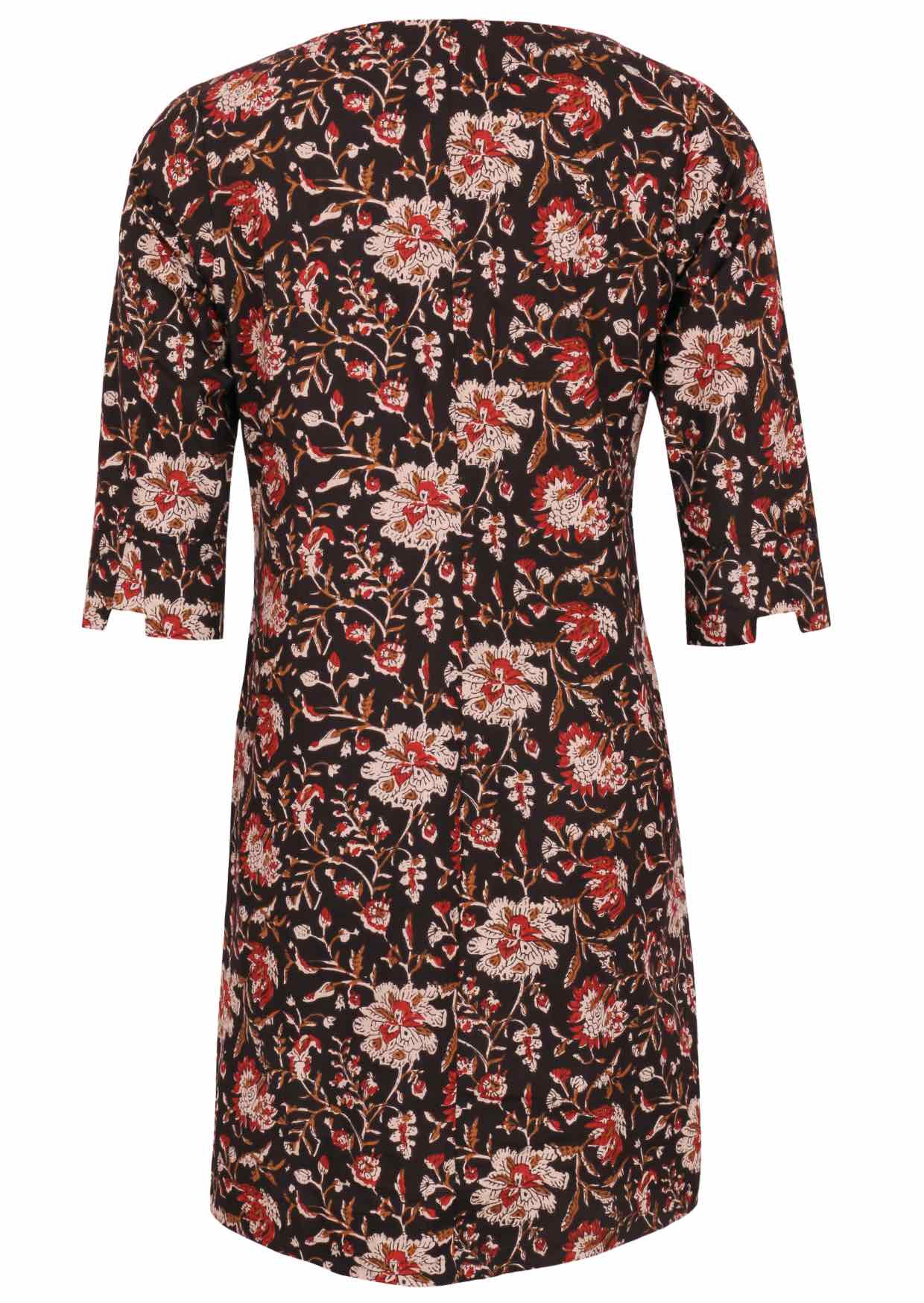 Black based floral print cotton knee length dress with 3/4 sleeves with detailed cuff and pockets