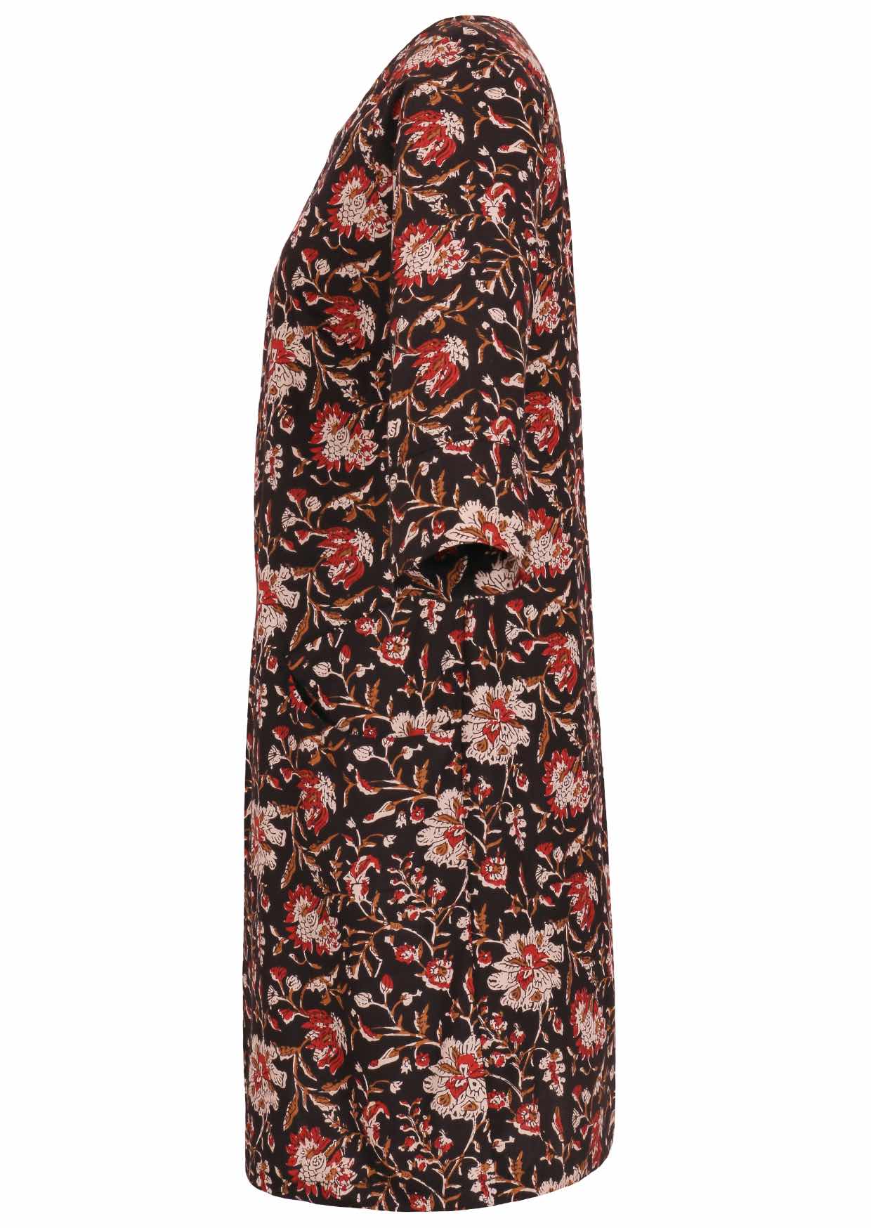 Black based floral print cotton knee length dress with 3/4 sleeves and pockets