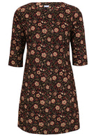 100% cotton dress with 3/4 sleeves, round neckline and A line skirt.