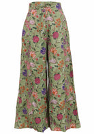 Green based multi-coloured floral print cotton pant with front drawstring.