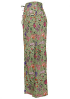 Green based multi-coloured floral print, 100% cotton pant.