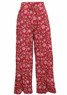 Front mannequin photo of cotton wide leg high waisted floral print pants with drawstring and pockets