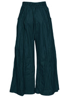 Deep teal cotton pants with wide leg fit, elasticated back waist and pockets
