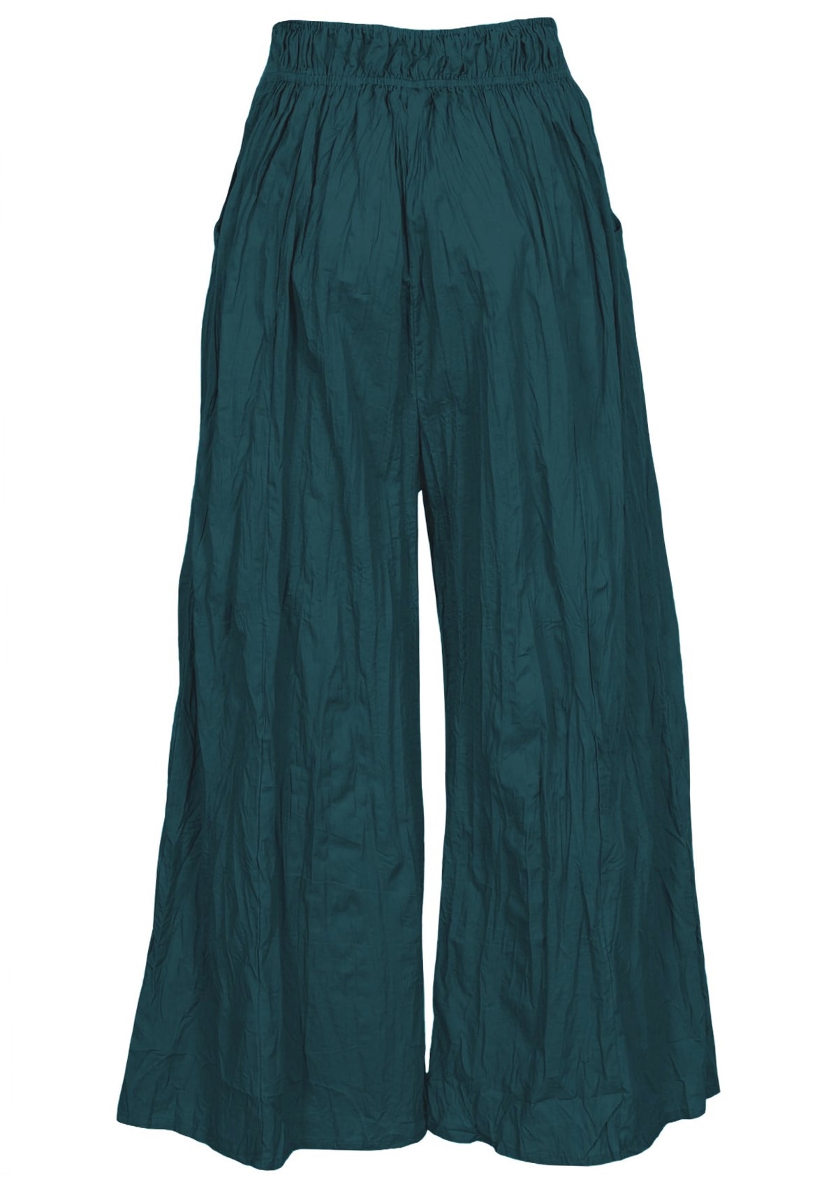 Deep teal cotton pants with wide leg fit, elasticated back waist and pockets