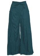 100% cotton wide leg pants in deep teal with elasticated back waist, pockets and drawstring tie