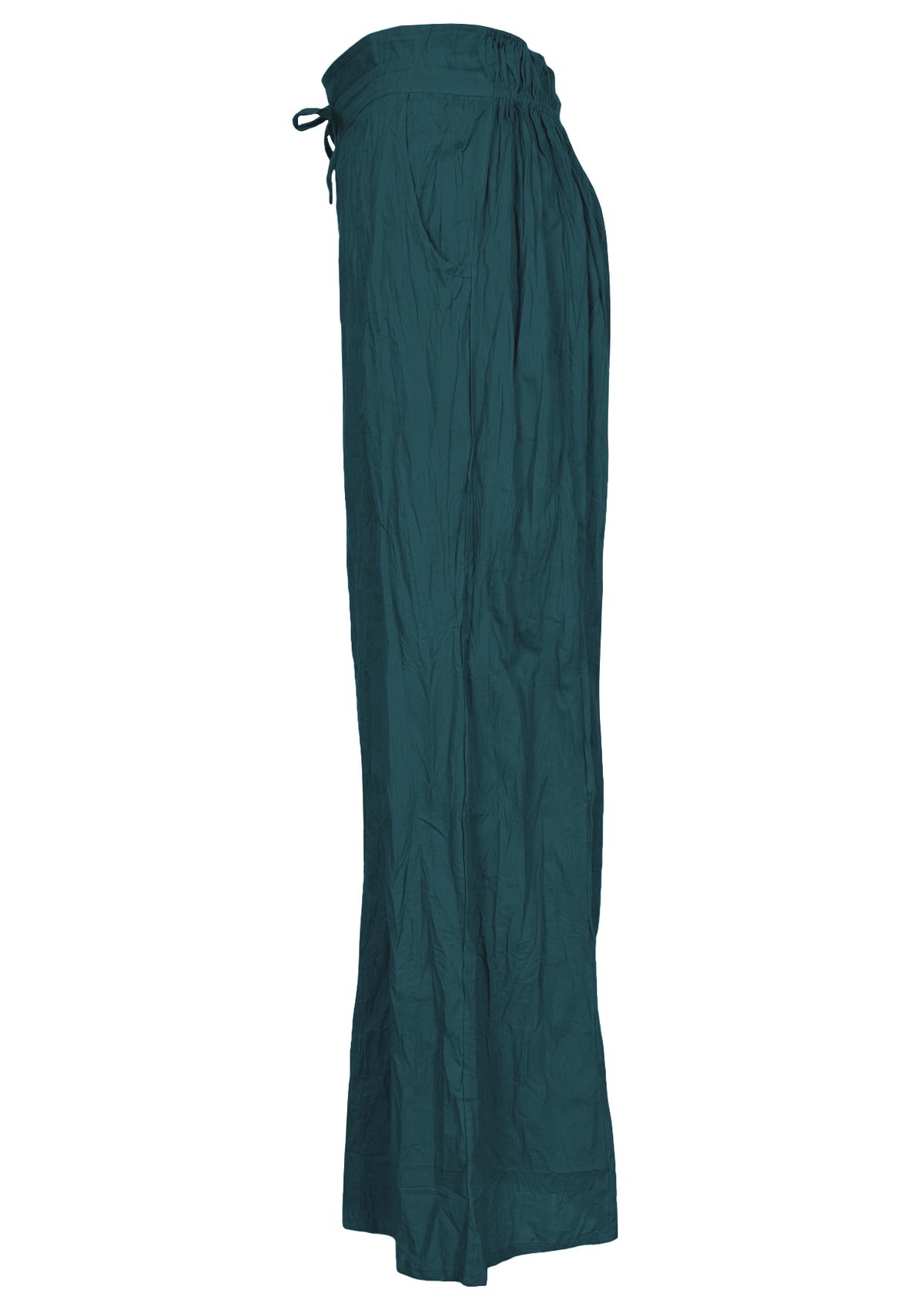 Side view of wide-leg cotton pants with elasticated back waist, pockets and drawstring tie