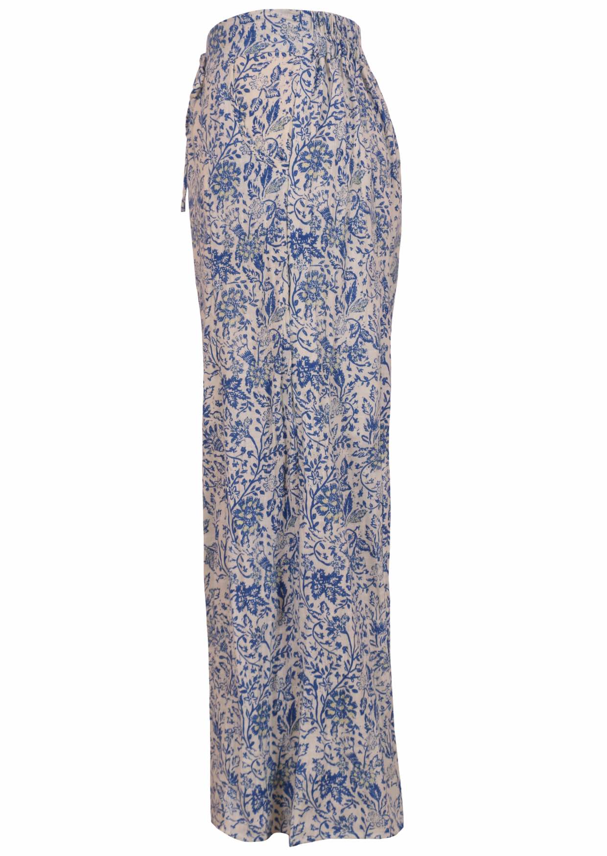 White based blue floral print cotton pant with white background.