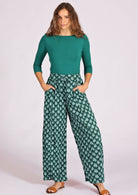 Lightweight cotton wide leg pants with green base print