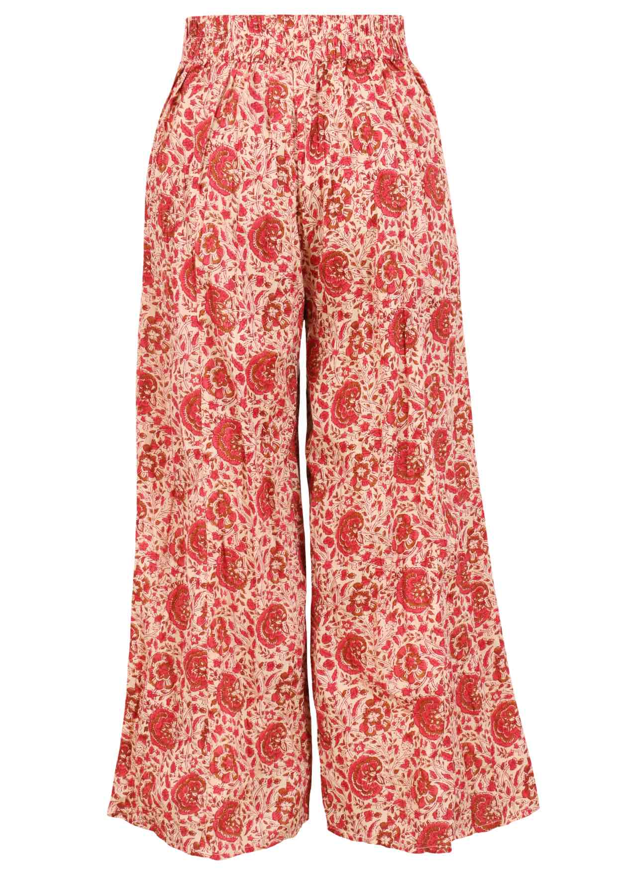 Cream based warm floral print cotton pant with elasticated back waistband.
