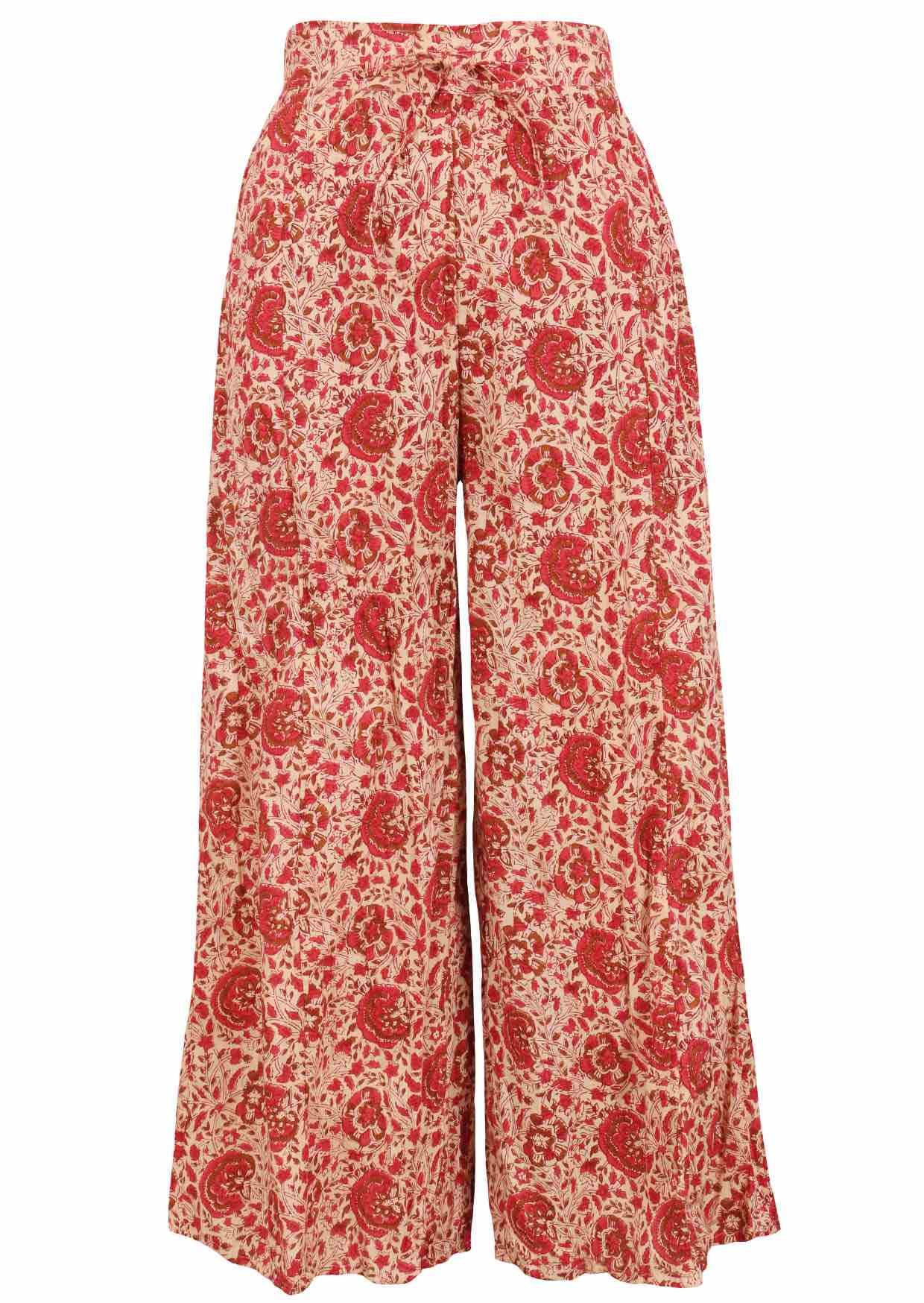 Cream based warm floral print cotton pant with front drawstring.