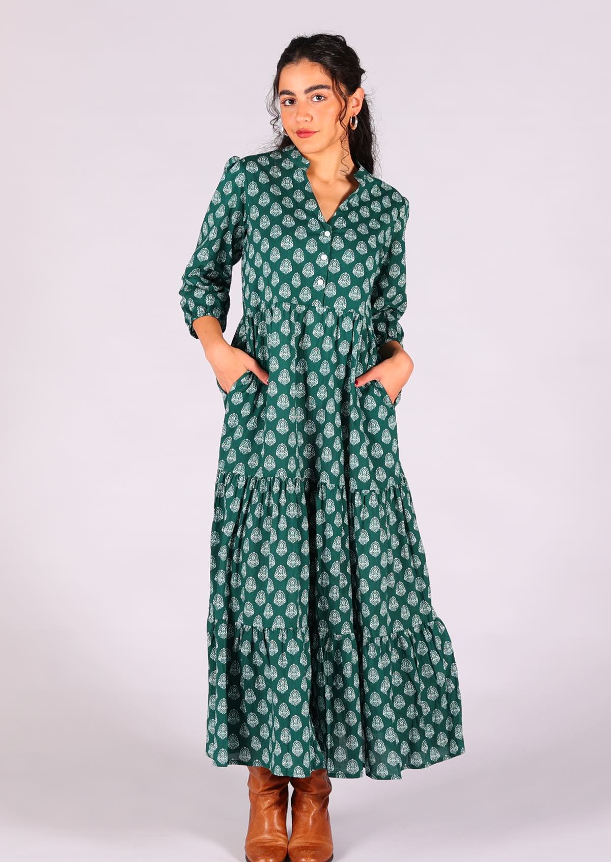 Striking boho cotton maxi dress with 3/4 sleeves,buttoned bodice with V-neck and mandarin collar