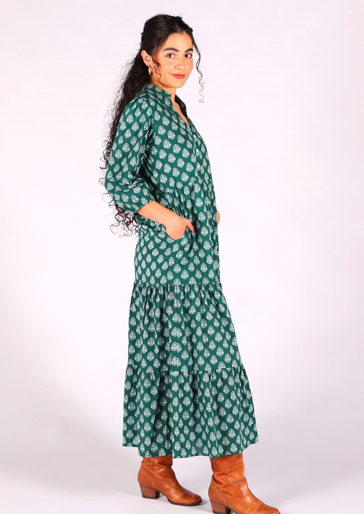 Cotton maxi dress with button through bodice and hidden side pockets