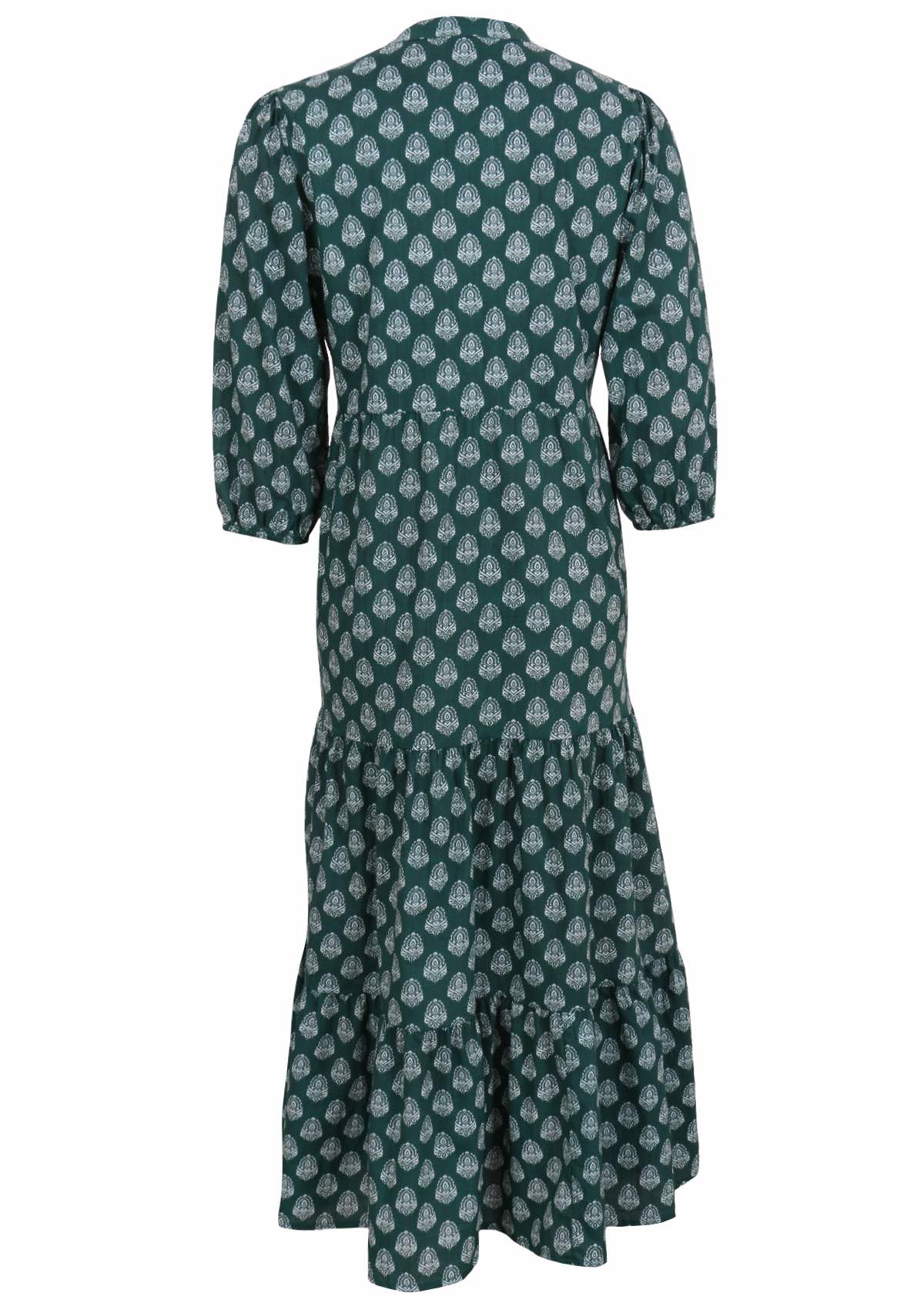 100% cotton relaxed fit tiered maxi dress with white pendant print on green base