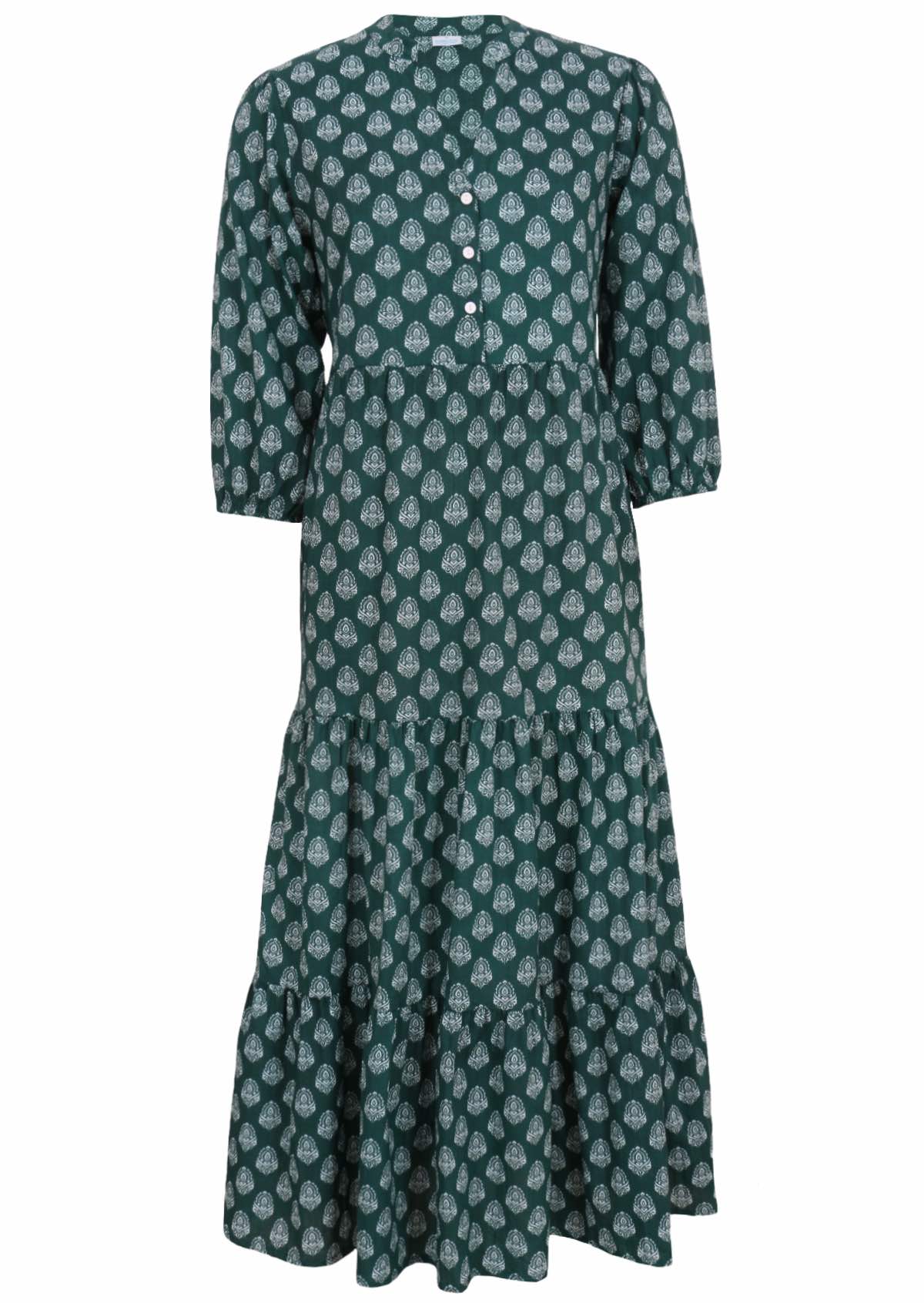White pendant print on a green base cotton maxi dress with 3/4 sleeves