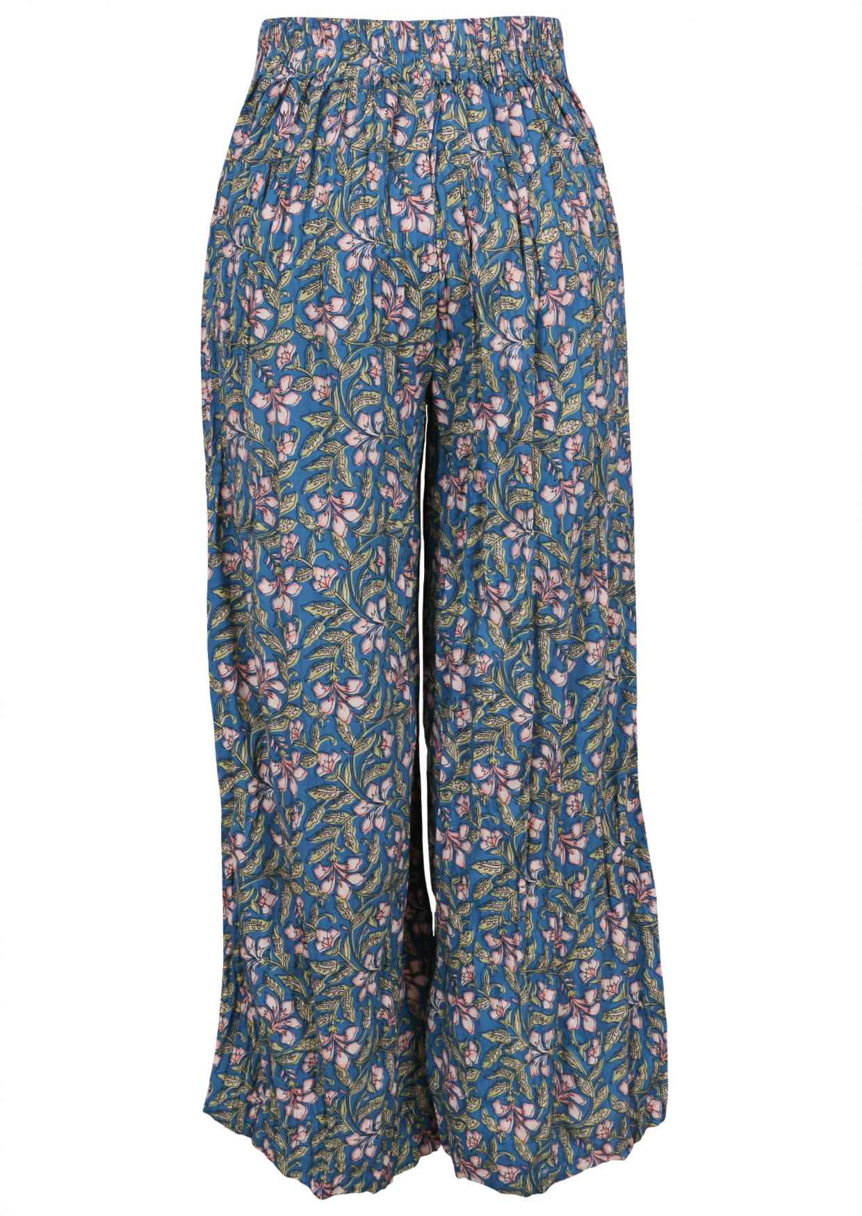Cerulean blue based block style floral print rayon pant with elasticated back wasitband.