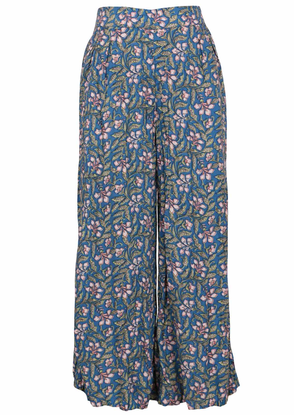 Wide leg rayon pant with cerulean blue based block style floral print.