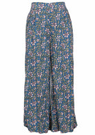 Wide leg rayon pant with cerulean blue based block style floral print.