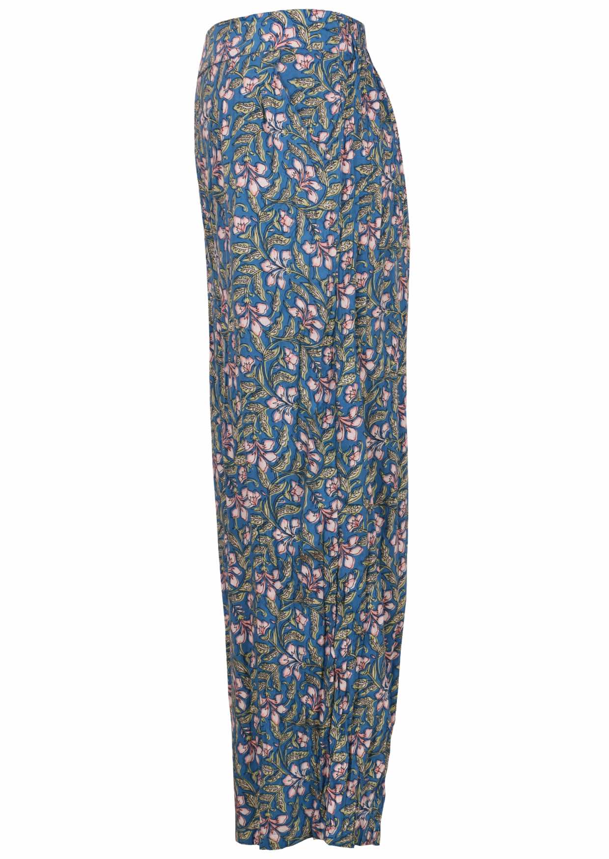 Cerulean blue based block style floral print rayon pant with pockets.