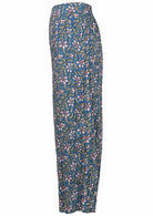 Cerulean blue based block style floral print rayon pant with pockets.