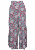 Wide leg rayon pant with blue based pink and white floral print.