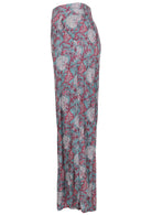 Blue based pink and white floral print rayon pant with pockets.