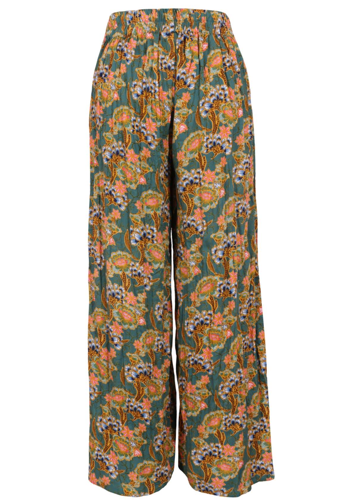 Back mannequin photo of rayon wide leg pants in green based floral print with elastic at back of waistband