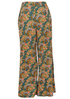 Front mannequin photo of rayon wide leg pants in green based floral print with flat front of waistband