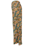 Side mannequin photo of rayon wide leg pants in green based floral print