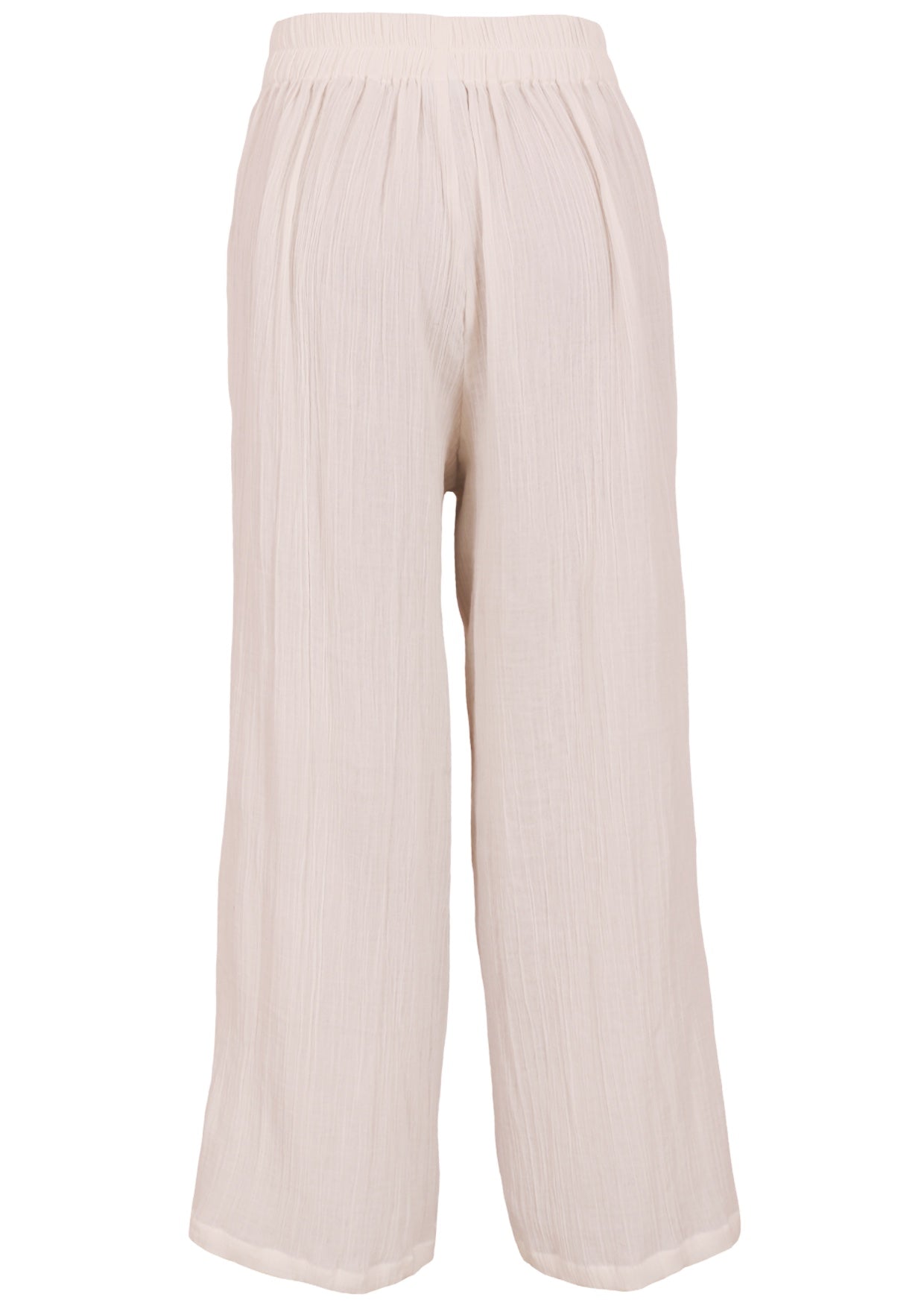 Back mannequin photo of natural white double cotton wide leg pants with elastic at back of waistband