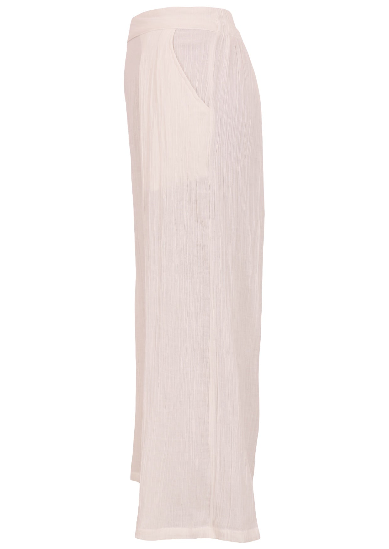 Side mannequin photo of natural white double cotton wide leg pants with flat front waistband and pockets