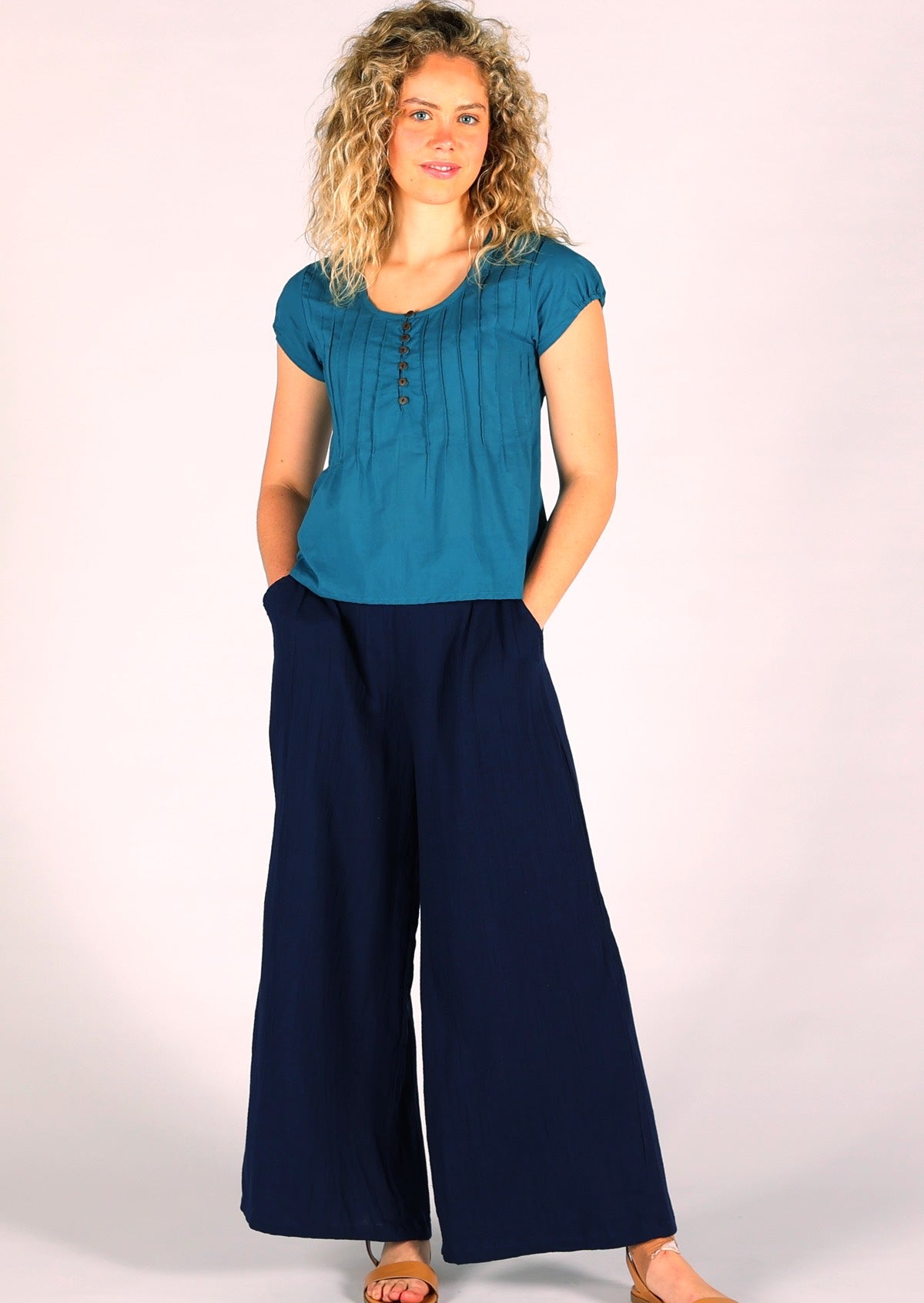 Dark blue pants made from two layers of lightweight cotton gauze
