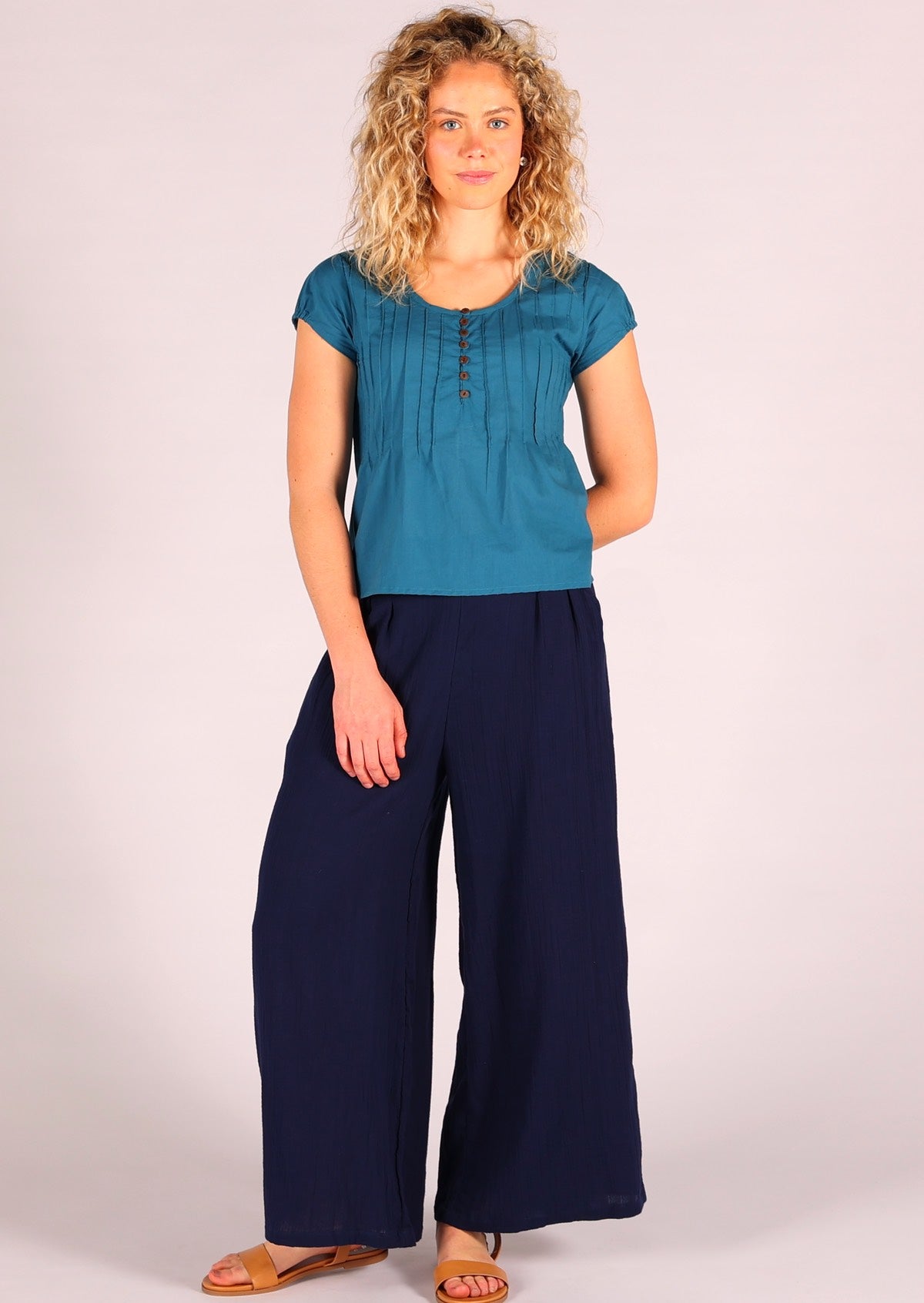Double cotton high waisted wide leg pants in dark blue