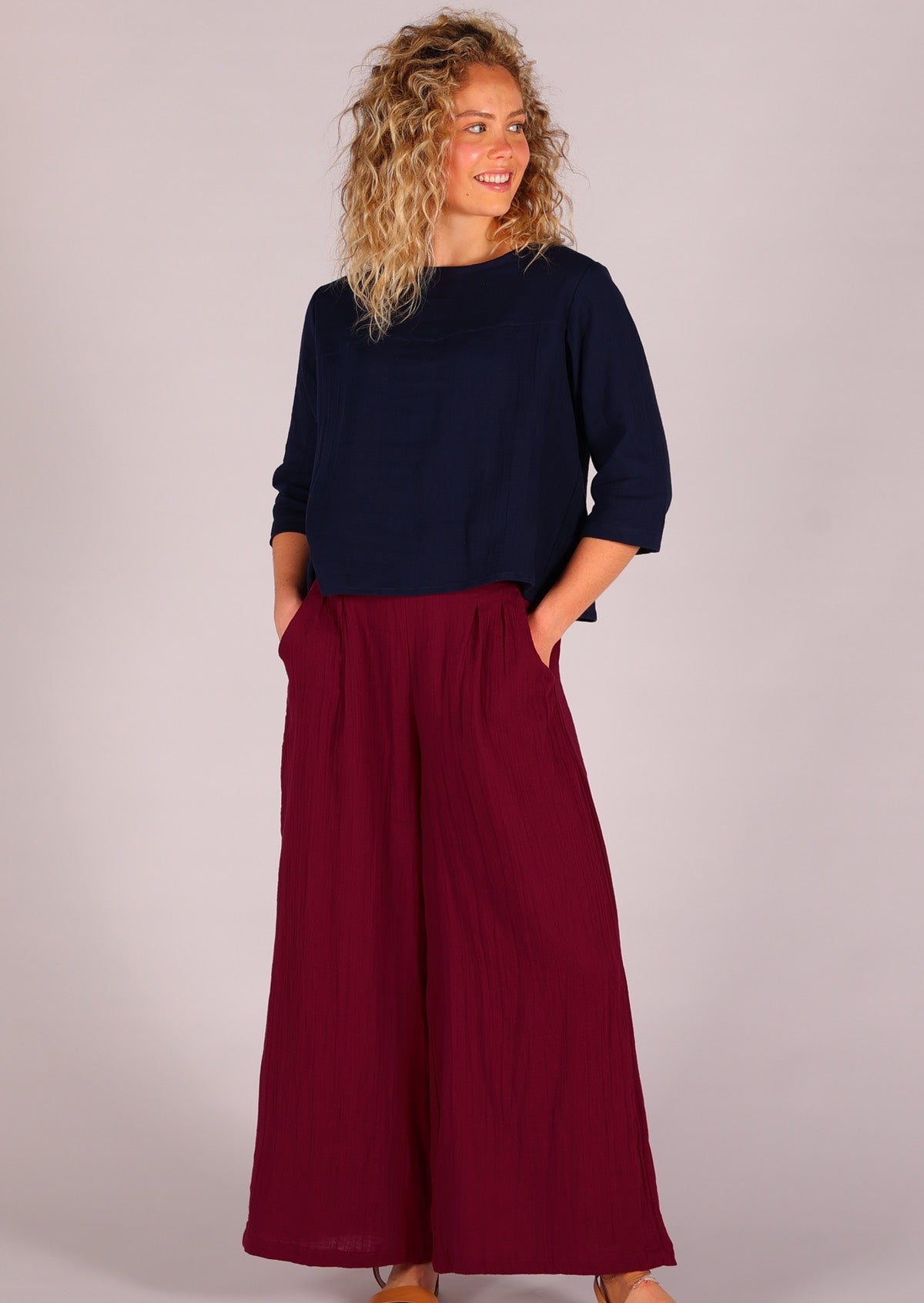Double cotton wide leg pants with flat front of waistband and elastic at the back