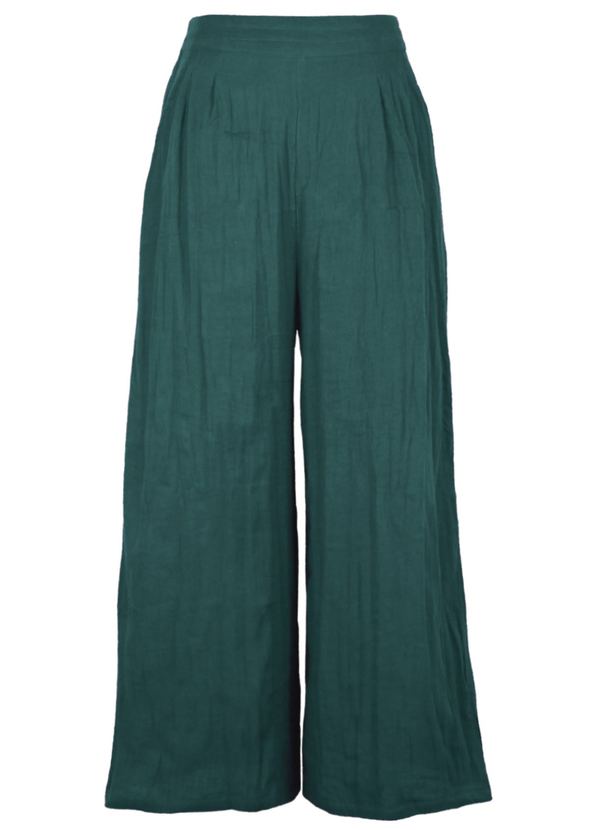Deep teal cotton gauze pants with flat waistband at front