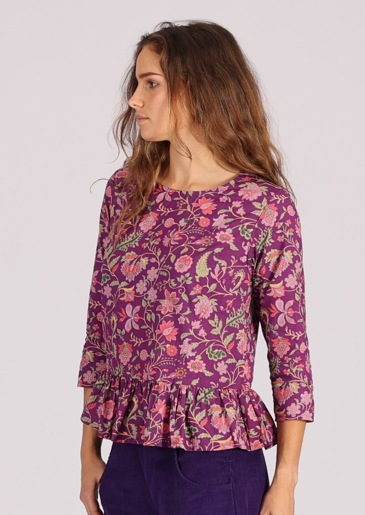 Floral print with purple base cotton top with peplum frill
