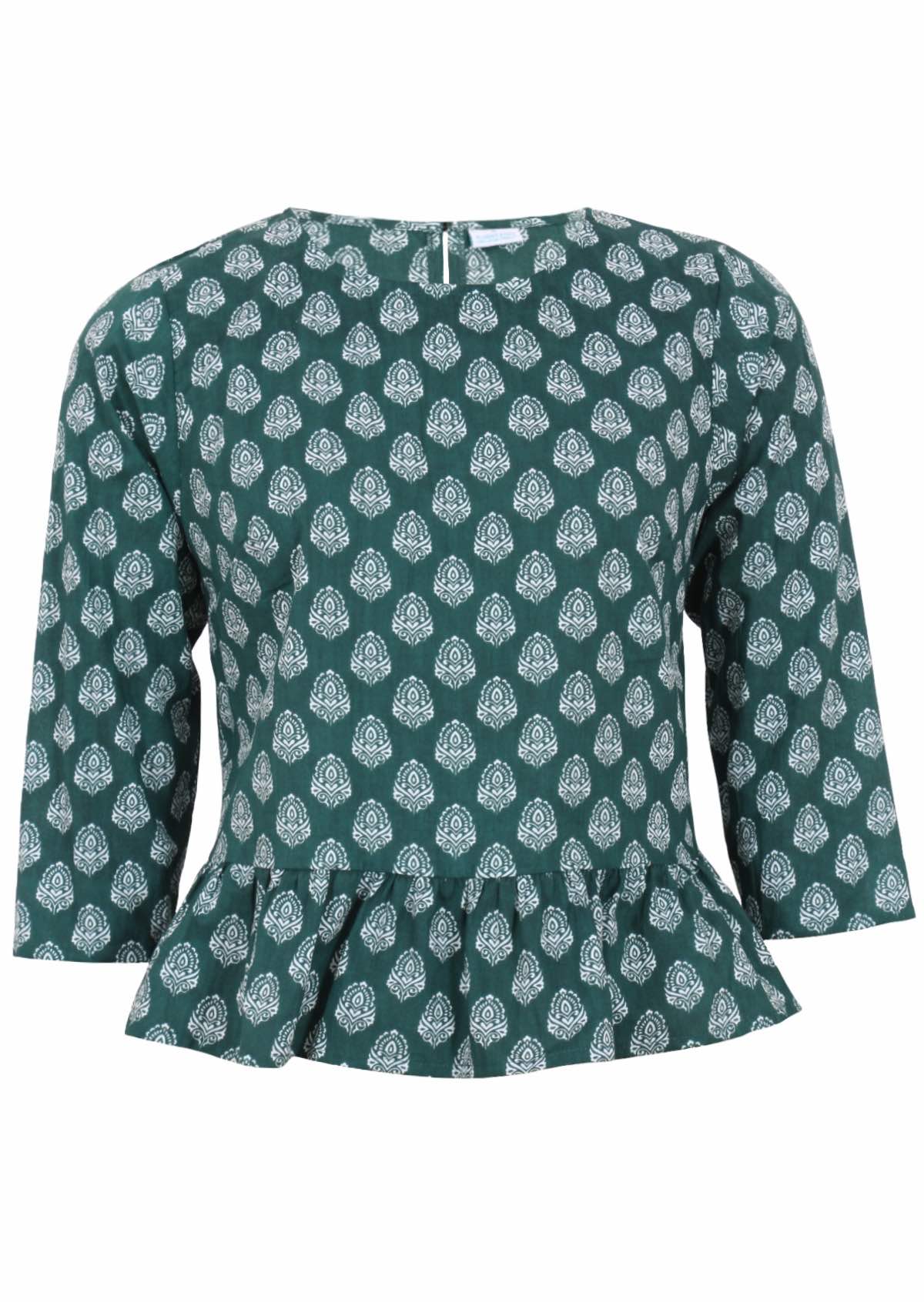 Cotton top with round neckline, 3/4 sleeves and peplum frill