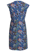 Blue leafy cotton dress with high round neck, raglan cap sleeves, pockets and hidden back zip back view